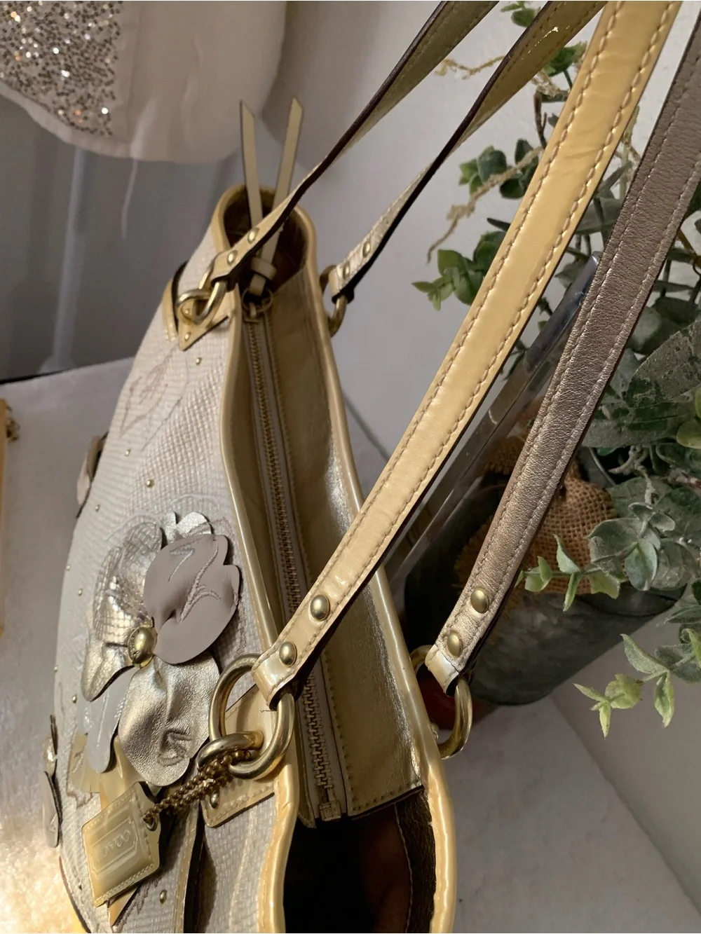 Coach Limited Edition Hampton Cream Tote with Gold Floral Appliqués